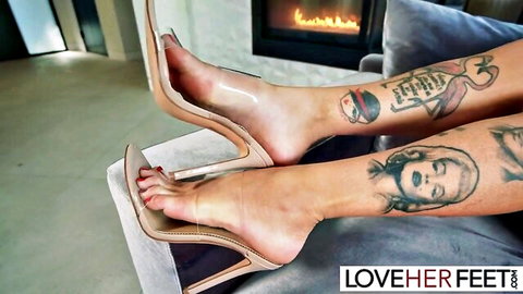 Kitana Montana's tattooed feet in clear high heels and lingerie tease