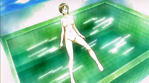Nude hentai girl with short brown hair floating in green pool, from Invisible Stud series