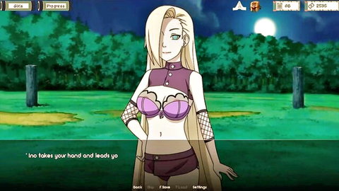Blonde Naruto kunoichi Ino in purple lingerie standing in field