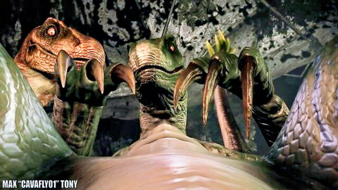 Man in intense group sex with multiple dinosaur raptors, claws gripping