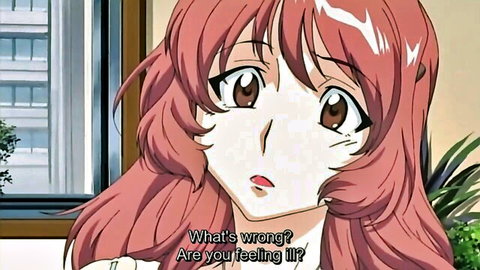 Anime hentai redhead girl with big expressive eyes looking concerned asking 'What's wrong? Are you feeling ill?'
