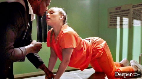 Anna Claire Clouds in orange prison jumpsuit on all fours with BBC stud