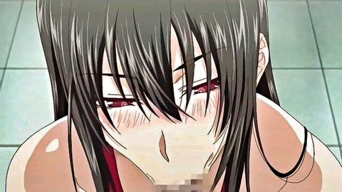 Close-up of anime hentai girl with long black hair giving blowjob in hot scene