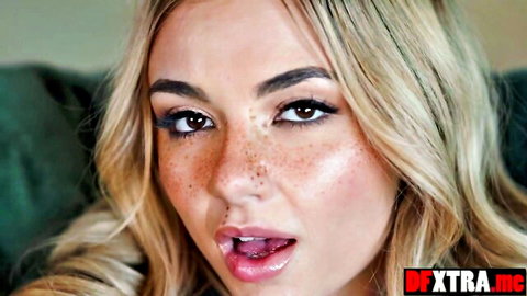 Blonde teen with freckles seductively parts lips for big cock action