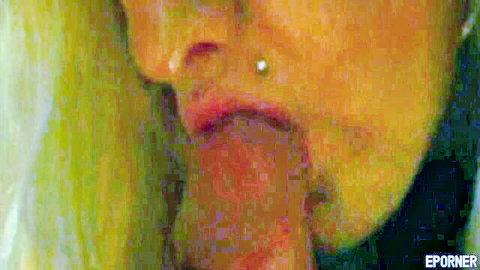 Blonde babe with pierced lip sucking thick cock deep in mouth closeup