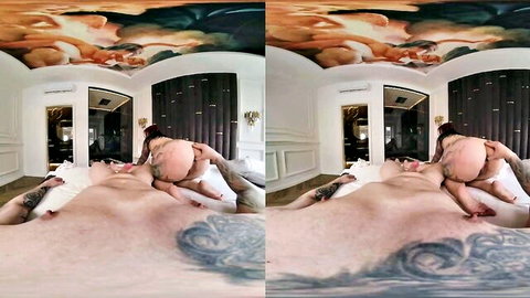 Tattooed curvy babe rides cock reverse cowgirl showing big ass and wet pussy