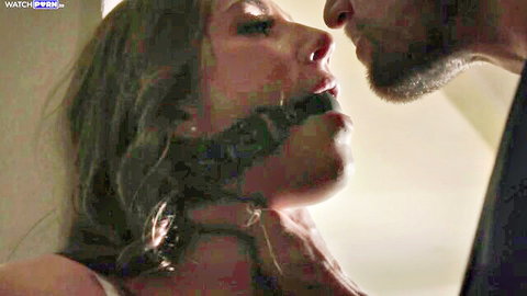 Jewel Diamant gagged and kissed in hotwife bondage scene