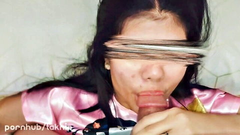 Blindfolded Taknip in pink lingerie with open mouth during intense oral scene