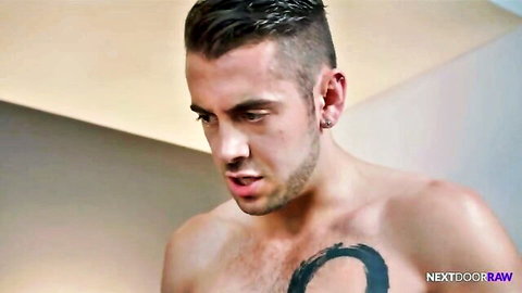 Handsome shirtless young man with chest tattoo in Hot Spitroasted Compilation, Next Door Studios