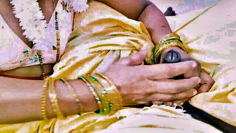 Lovely Rose as Desi wife in yellow saree, gold jewelry, holding black toy intimately