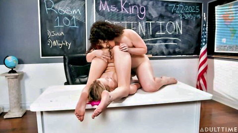Nude blonde and curly brunette lesbians tribbing wet pussies on classroom teacher's desk