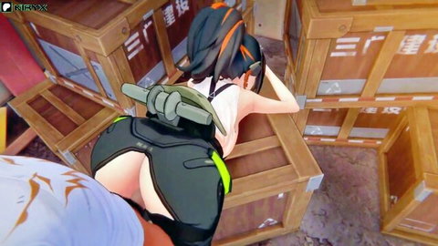 Zenless Zone Zero anime girl bending over in tight shorts, big ass view