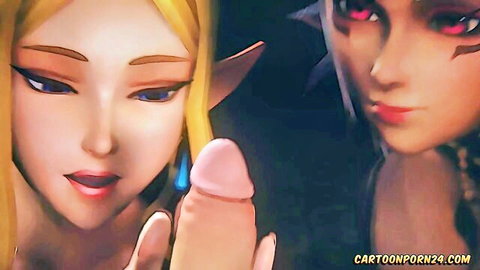 Zelda and Midna elf girls sharing a cock in animated fantasy blowjob