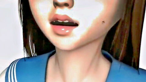 Seductive 3D hentai anime girl in blue sailor uniform, open glossy lips, aroused expression