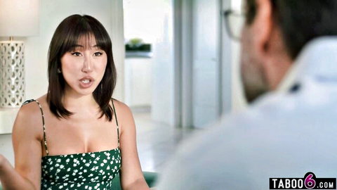 Nicole Doshi as Chinese MILF in polka dot dress with lawyer in office