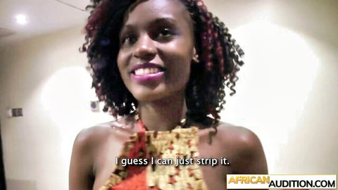 African teen with perfect tits and big ass smiling in orange top, ready to strip