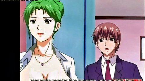 Green-haired mature MILF with huge tits and younger suited guy in hentai
