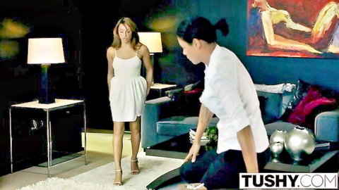 Curvy blonde wife in white dress teased by Asian woman in anal scene