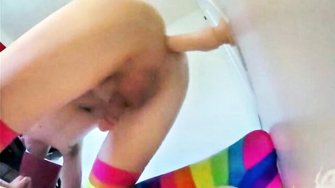 Amateur guy bent over wall fucking tight ass with thick pink dildo insertion in rainbow socks