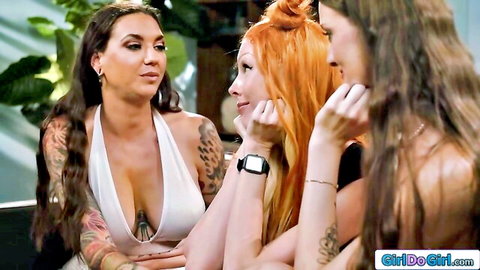 Rocky Emerson with tattooed brunette and redhead in lesbian threesome preview