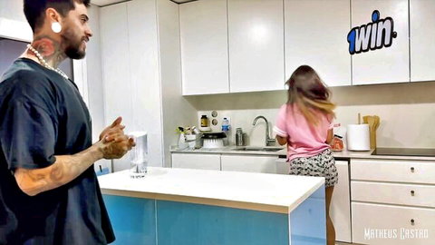 Matheus Castro eyeing curvy brunette in pink top and shorts kitchen tease