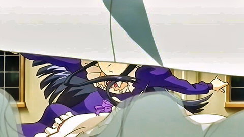 Anime maid in purple dress and stockings in dynamic reeducation pose