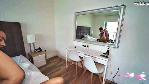 Amazing Japanese babe fingering herself on bed with man in mirror
