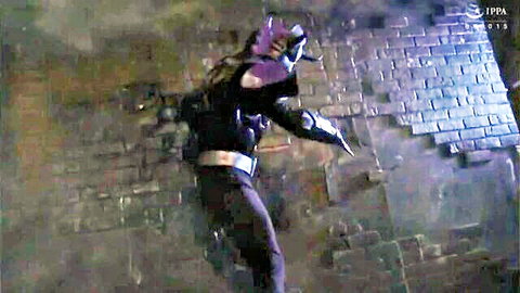 Mysterious long-haired woman in purple-black suit striking dramatic pose in dark alley