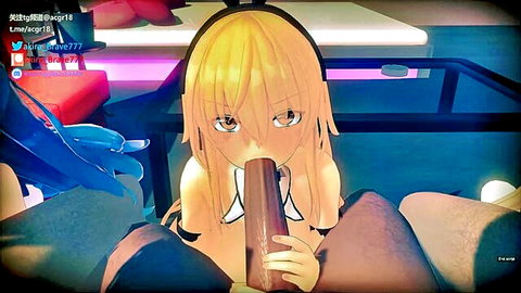 Blonde anime girl with headphones sucking dildo in solo explicit scene