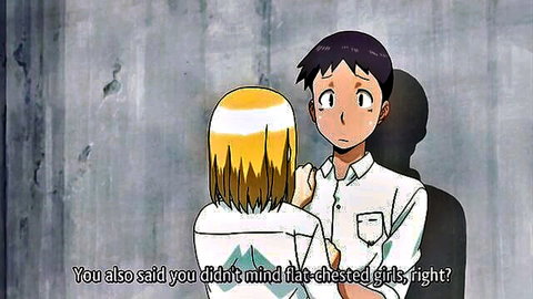 Anime couple in intimate talk, blonde flat-chested girl in white shirt, Ep1