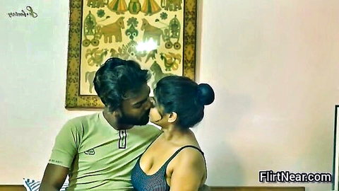 Indian AC mechanic kissing busty bhabhi, enjoying her big boobs cleavage