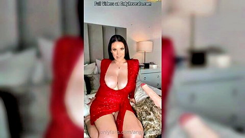 Brunette bombshell with huge tits in revealing red dress, OnlyFans tease