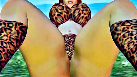 Busty redhead giantess in leopard print bikini, spreading legs outdoors
