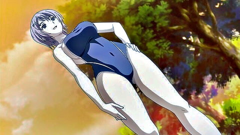 Busty silver-haired hentai girl in tight blue swimsuit posing with huge tits and long legs outdoors