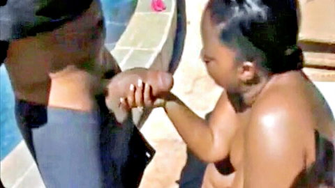 Ebony BBW with big ass grips thick black cock poolside handjob