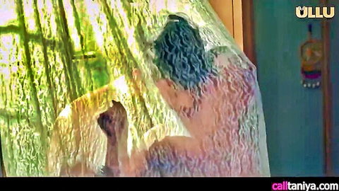 Naked big ass Indian MILF grabbed firmly by man's hands from behind through sheer green veil