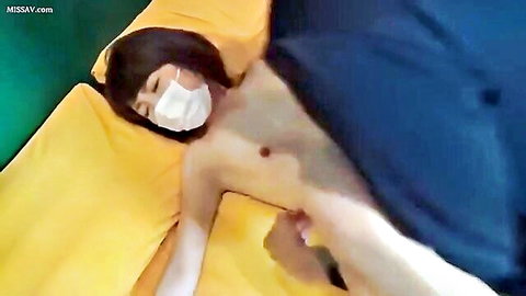 Cute masked Japanese college girl nude in amateur threesome scene