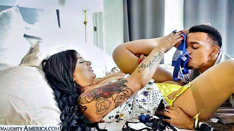 London Rose in stockings helping son with taboo seduction on bed