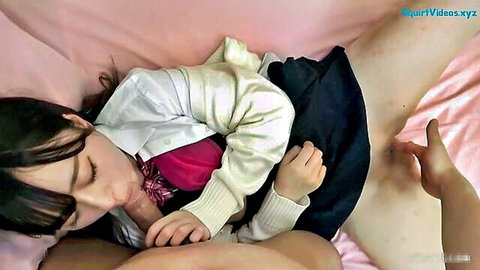 Cute Asian schoolgirl in uniform asleep in bed, intimate finger touch under skirt