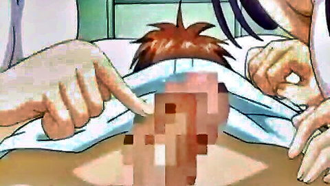 Hentai animation of females examining exposed male patient in medical setting