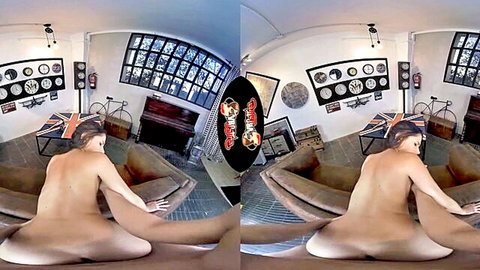 Nude woman spreads legs wide exposing shaved pussy on couch in VR fisheye view