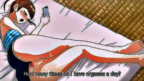 Ahegao anime girl pulls bikini aside exposing censored pussy while holding phone