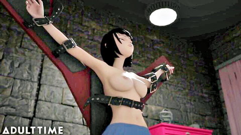 Anime milf bound in BDSM straps, nude breasts exposed in hentai domination scene