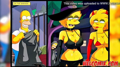Simpsons witches Marge and Patty in sexy black and red lingerie, Homer in garage Halloween orgy