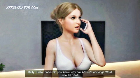 Blonde MILF Kelly on phone in tight white tank top, big cleavage, broken AC tease