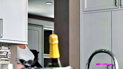 3D Futanari Wife in White Top Posing in Kitchen with Champagne