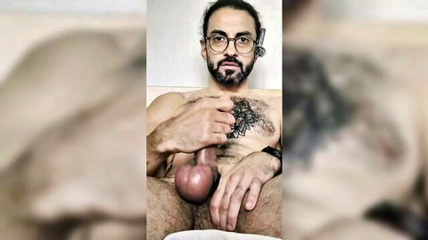 Moebeer solo masturbation in morning, bearded tattooed man with glasses stroking erect cock
