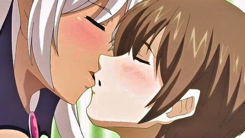 Busty white-haired elf girl passionately kissing her teacher in anime style