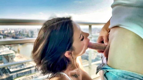 Cam Nair getting railed outdoors on balcony, explicit oral action