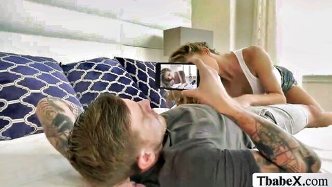 Blonde TS hitchhiker takes selfie with tattooed stud before anal ride